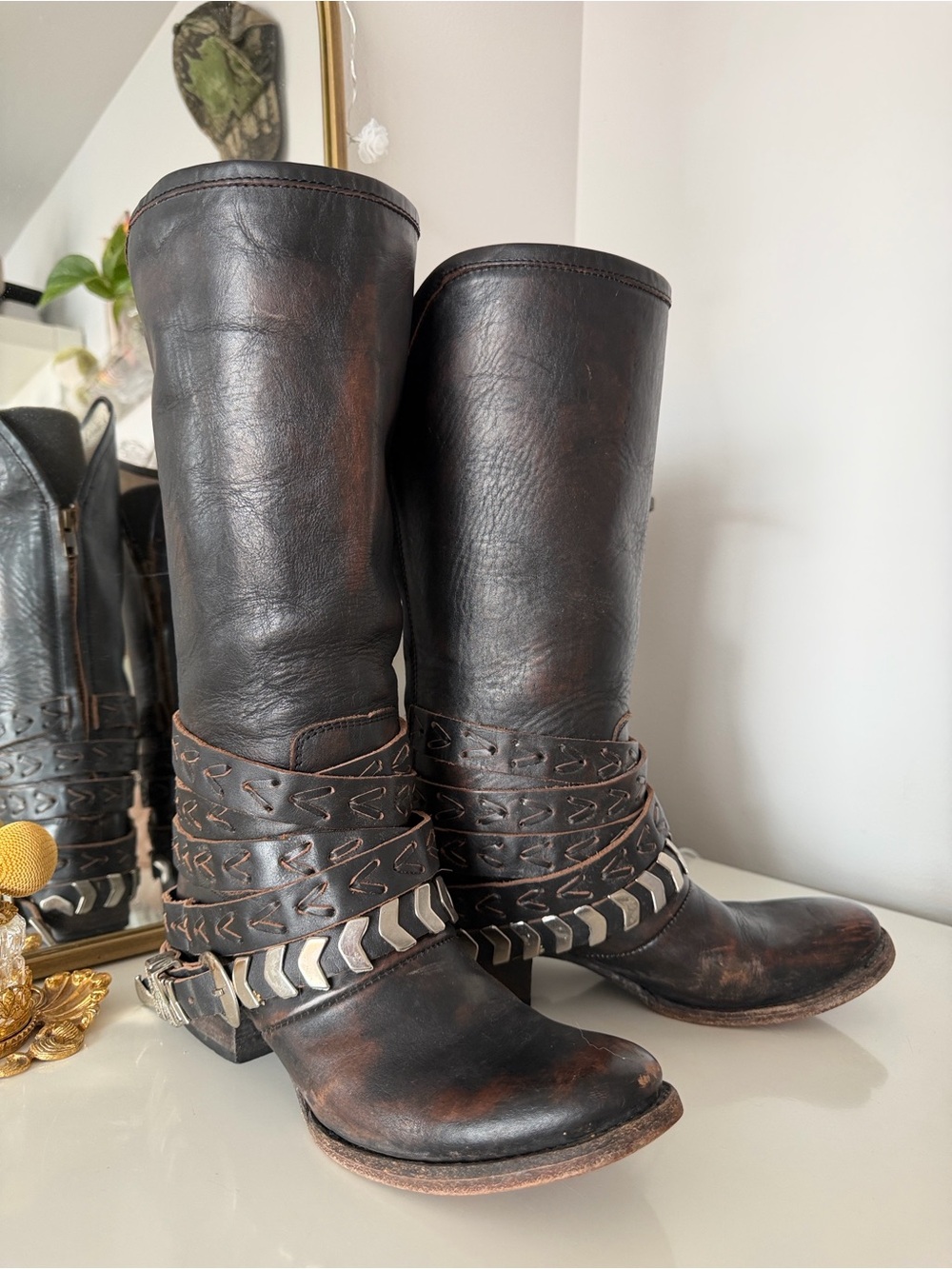 freebird Distressed Dark Brown Leather Mid-Calf Boots with Studded Wrap Straps - Picture 4 of 6